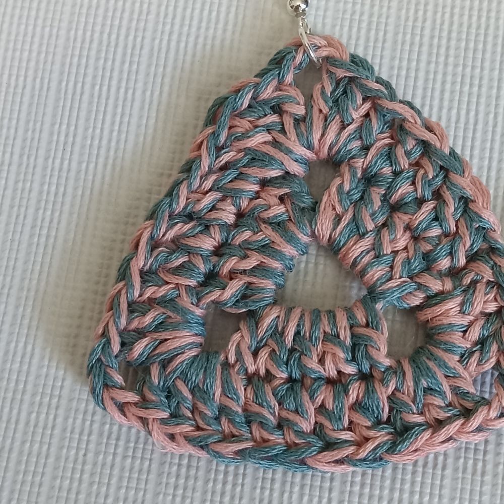 Handmade Crochet Blue and Pink Triangle Shaped Lightweight Dangle Style Earrings - Picture 3 of 11
